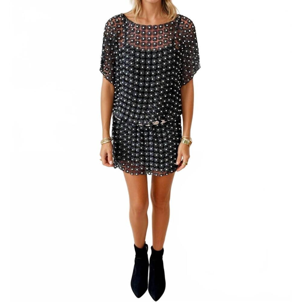 NEW MALIBU ROAD pearl luxe embellished mini skirt in charcoal gray